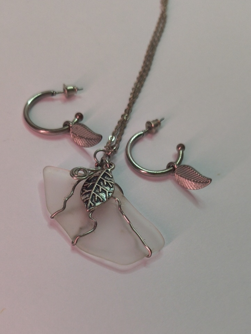 Delicate White Sea Glass Pendant Necklace with Leaf Charm - Women Jewelry